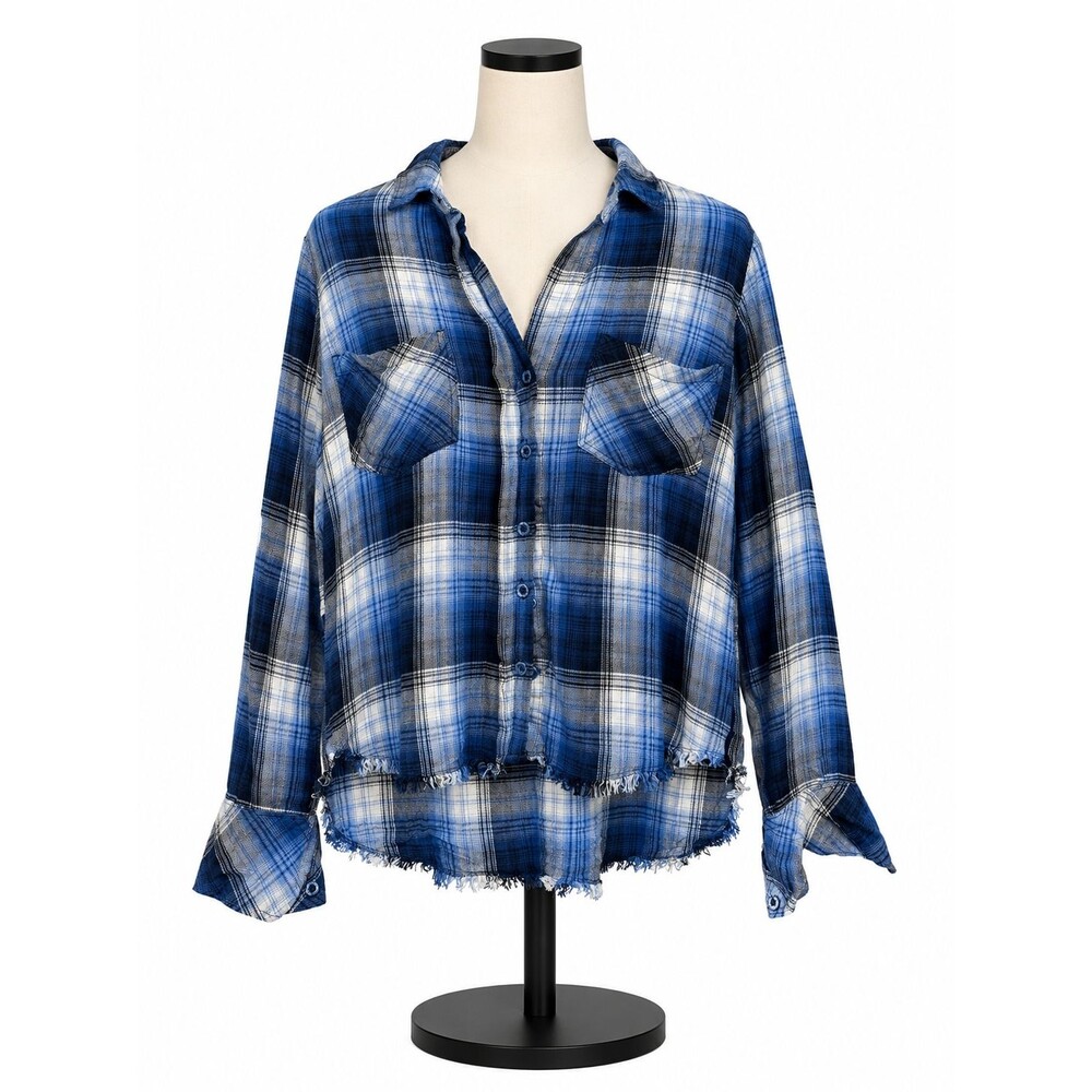 Anthropologie Cloth & Stone Button Top Size Small Plaid Raw Hem Long Sleeve